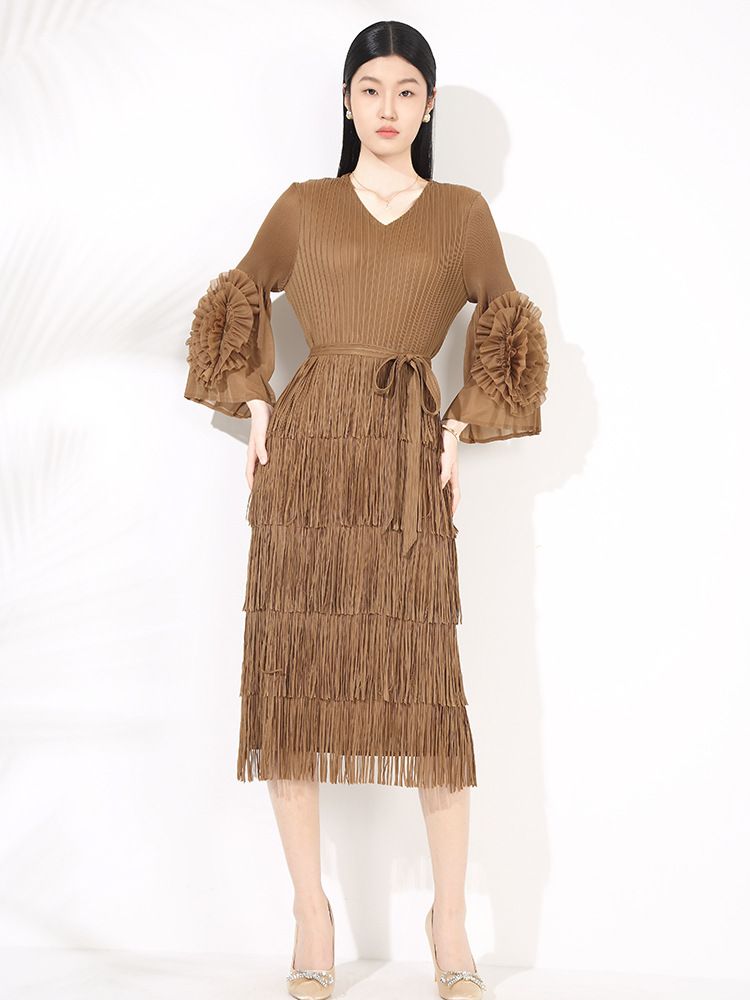 Verve Pleated Long Plus Size 2025 Spring Summer New Base High-end High Fashion Sense Ruffle Sleeve Tassel Midi Dress_voghion.com