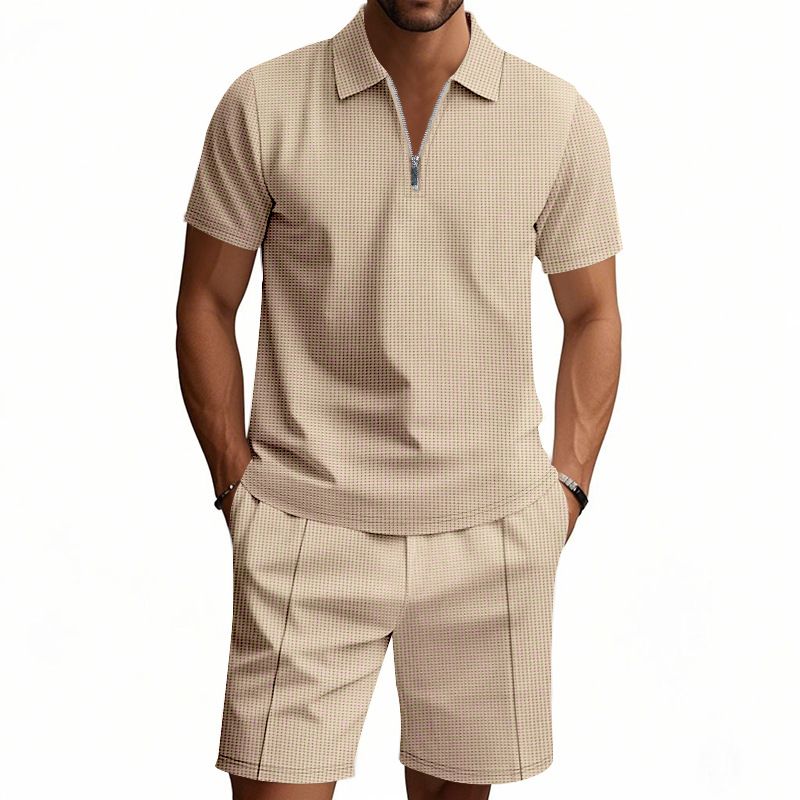 Unbeatable Quality Set Of Short Sleeved Shorts For Men's Summer Versatile Waffle Style Solid Color Casual Loose Collar T-shirt Set_voghion.com