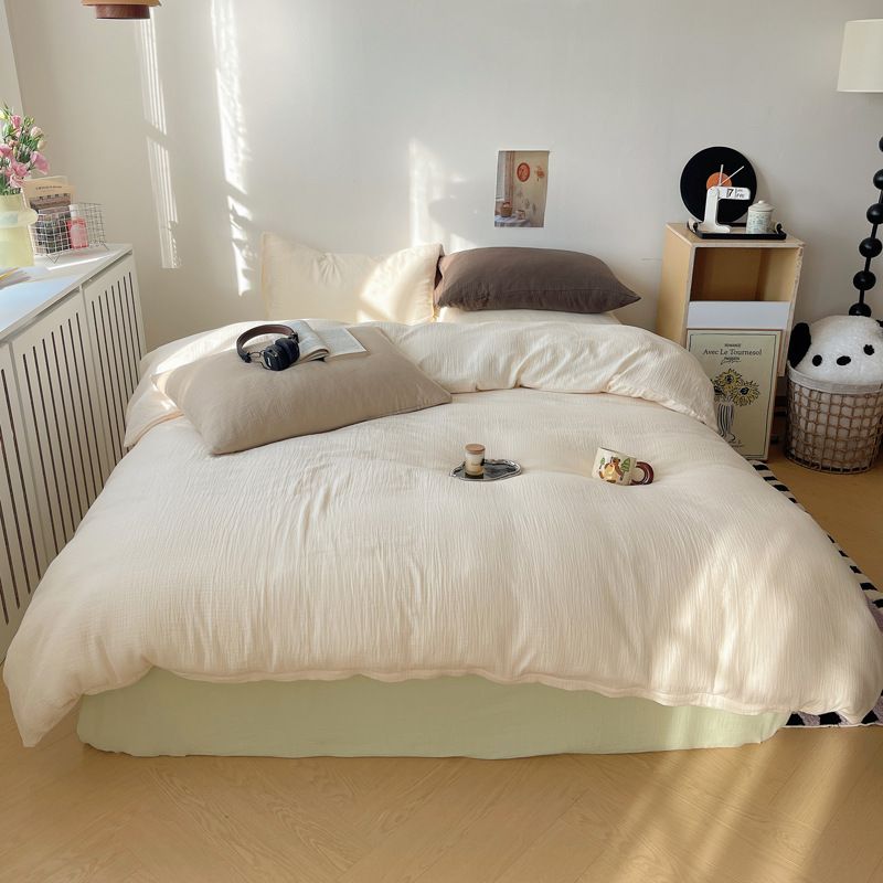 skin-friendly Soft Milk Tea Color Double Yarn Duvet Cover, Washed Cotton Four-piece Set, Bed Sheet Set Of Three_voghion.com