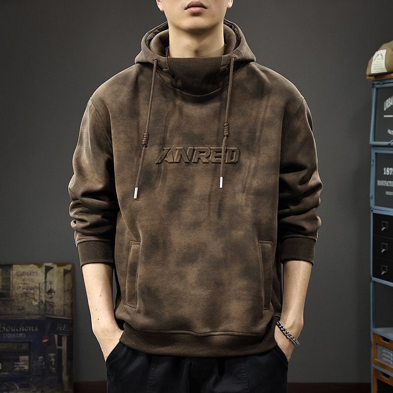 Felpa con cappuccio spessa da uomo, collo alto, stile retrò coreano, casual, autunno inverno_voghion.com