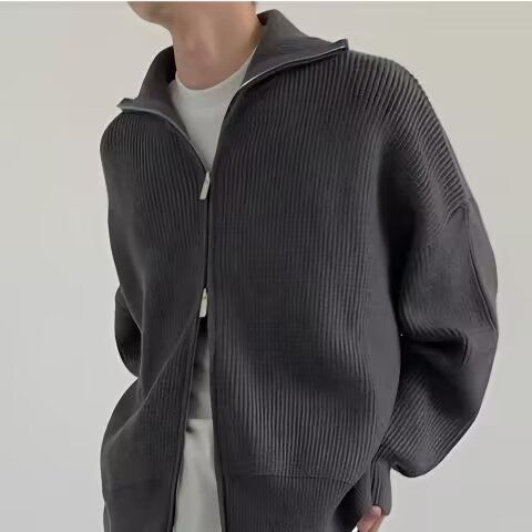 Lässige Pulloverjacke für Herren, amerikanischer Stil, Doppelreißverschluss, Stehkragen, Strickjacke, verdickt, High-End-Gefühl,_voghion.com