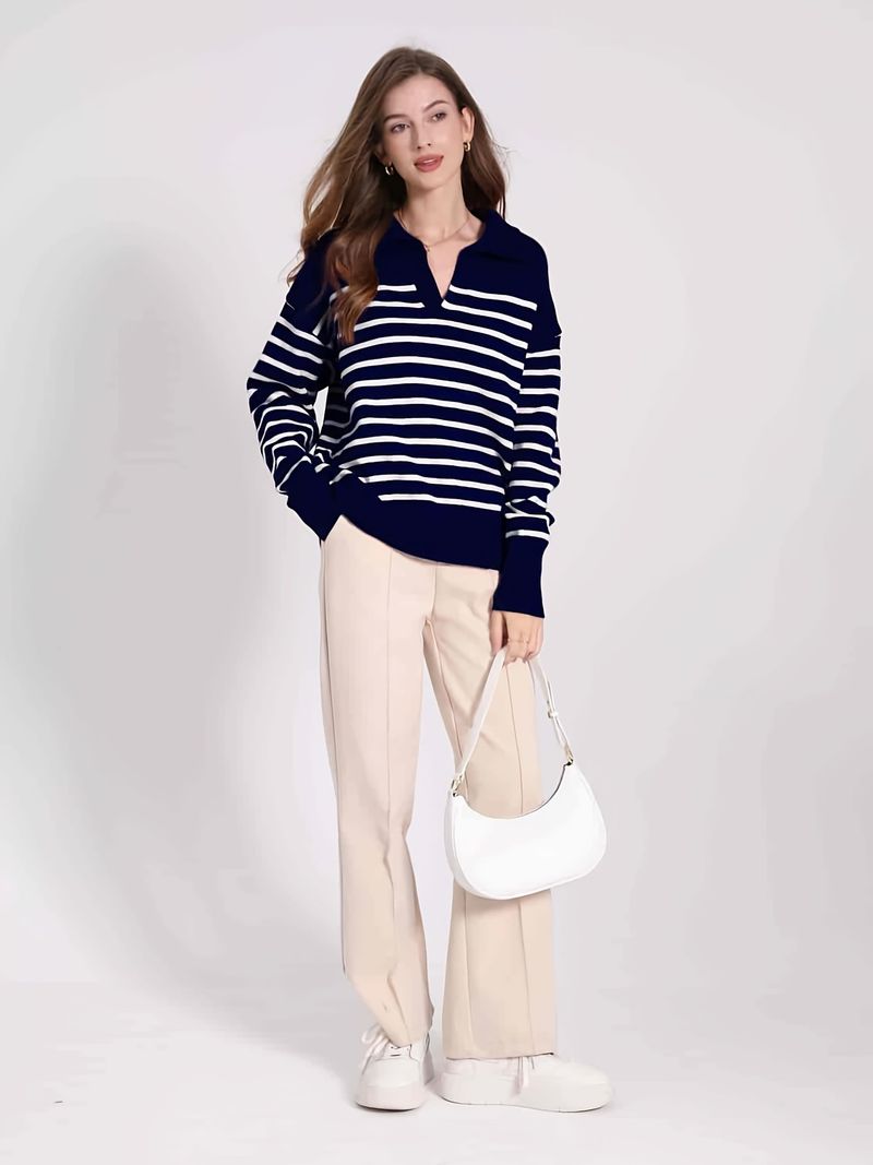 Pull ample à manches longues et col en V pour femme, rayé, en coton, couleur contrastée, style bleu marine, automne_voghion.com