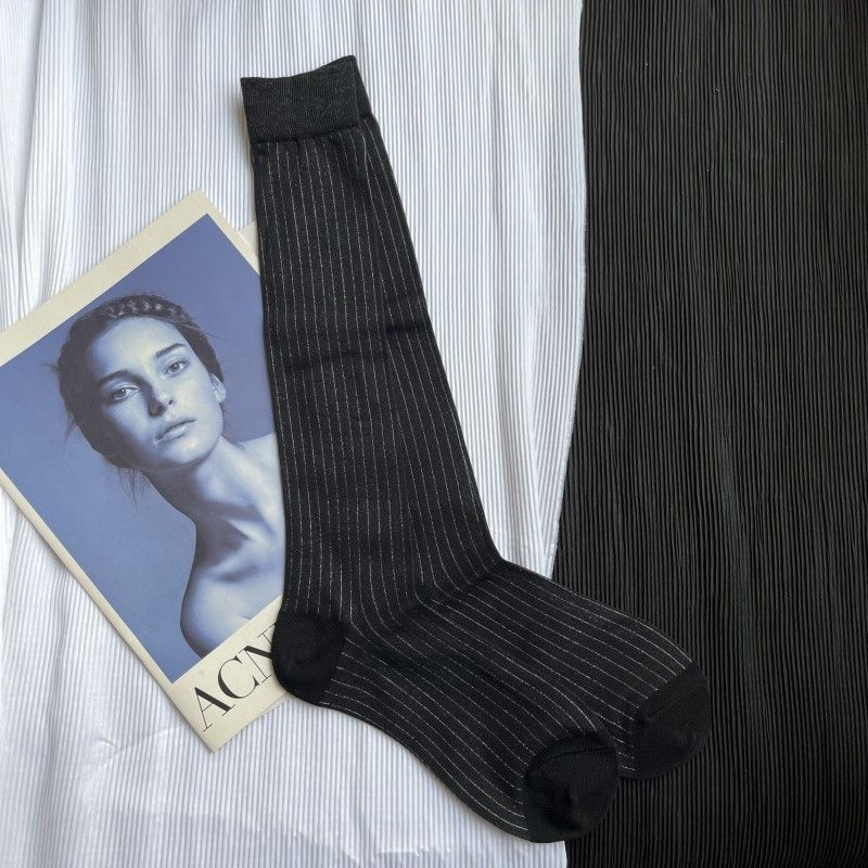 Ultra-thin Shiny Vertical Striped Summer Stockings Versatile Solid Color Long Tube JK Black And White Women's Socks_voghion.com