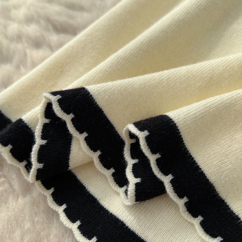 Elegante, tweedelige gebreide set voor dames - chique ronde hals, lange mouwen en mouwloze kokerjurk (beige/zwart, één maat)_voghion.com
