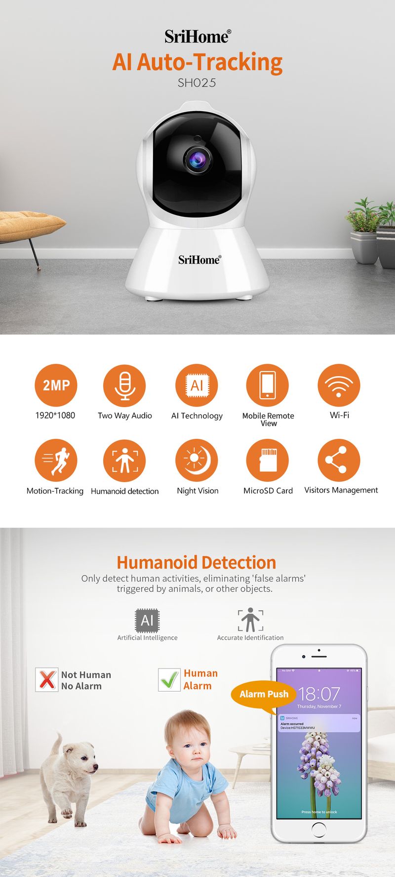 Srihome SH025 AI Body Auto-tracking IP Baby Monitor Mini 1080P Wifi CCTV Kamera 2.0MP H.265 Inteligentny dom Wewnętrzny pilot_voghion.com