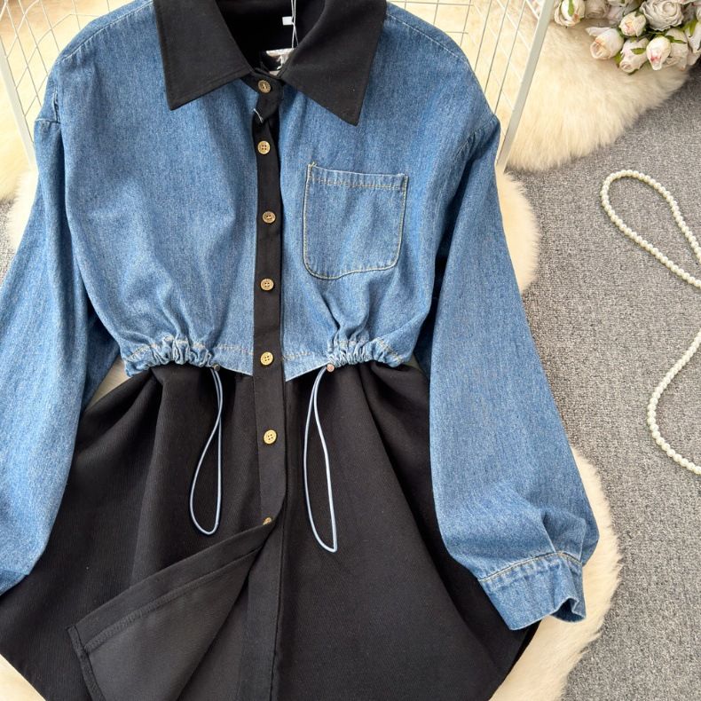 Naisten kaksiosainen pitkähihainen denim-splicing käänne vyötärönauha paita naisten rennot ulkomaiset topit_voghion.com