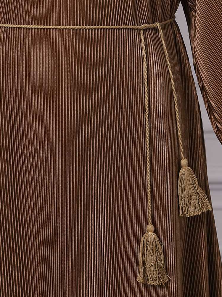 Women Casual Solid Muslim Dress Fashion Lace-Up Long Sleeve Maxi Dresses Abaya Spring Female Elegant Style Dress Kaftan Vestidos Para Mujer_voghion.com