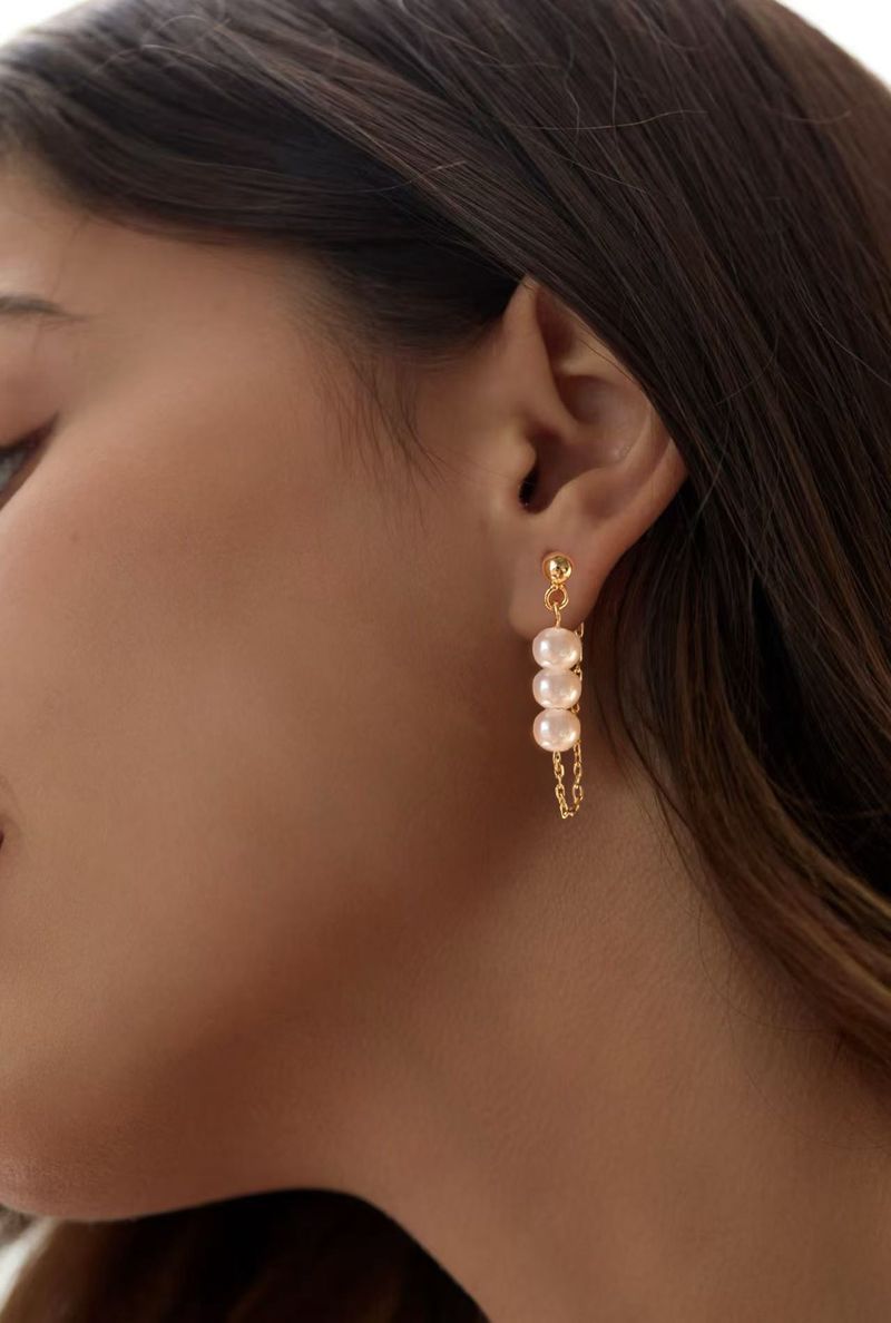 Hot Sale Brass Real Gold Plated Fashionable Personality Front And Back Wear Style Zircon Pearl Tassel Earrings_voghion.com
