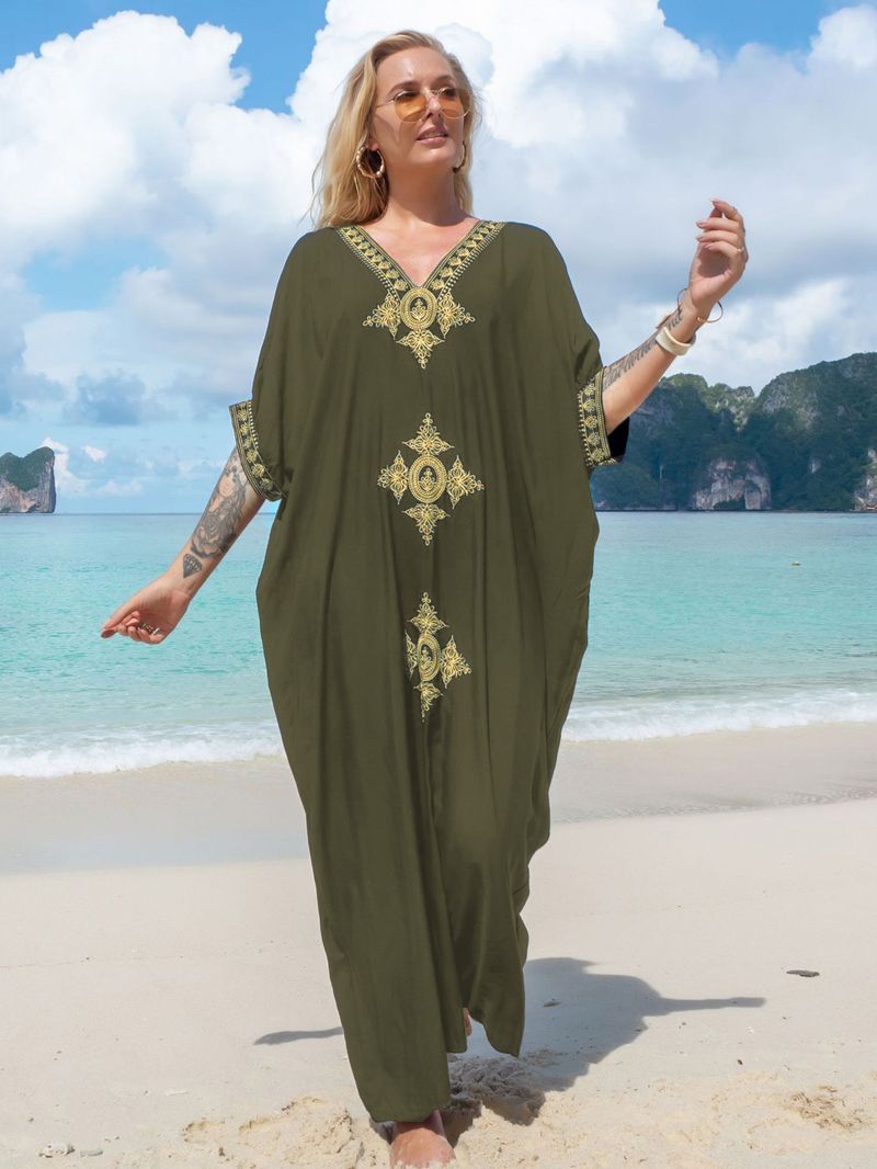 Robe de plage brodée en coton pour femme - Jupe longue portefeuille légère pour maillot de bain et protection solaire_voghion.com