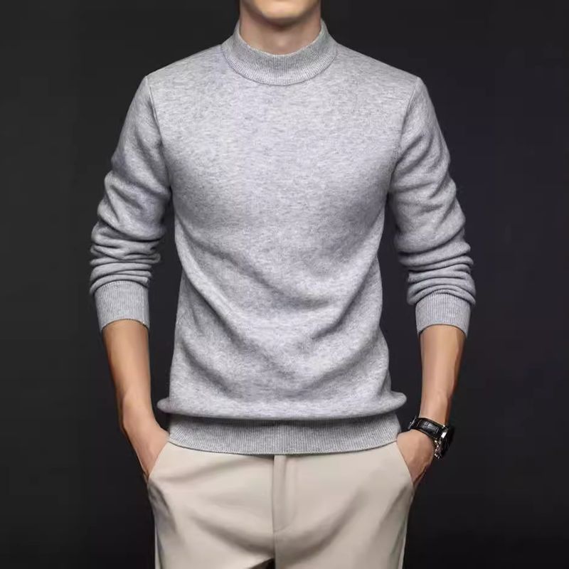 Herfst en winter Nieuw Halfhoge hals gebreid voor mannen, middelbare vader, effen kleur eendelig fleece anti-pilling warm_voghion.com