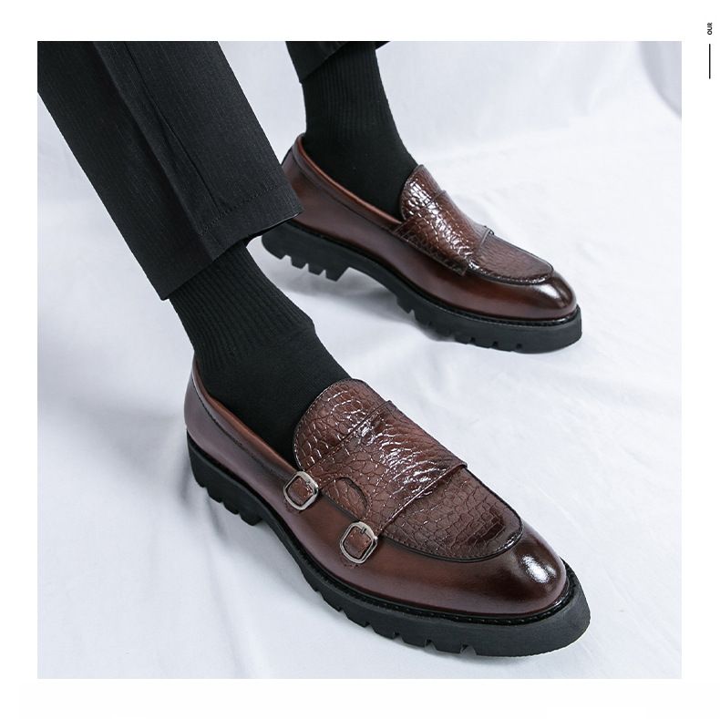 Mocassini casual da uomo, slip-on, scarpe da lavoro con suola spessa per aumentare l'altezza - Calzature di design comode ed eleganti con punta tonda (nero/marrone)_voghion.com