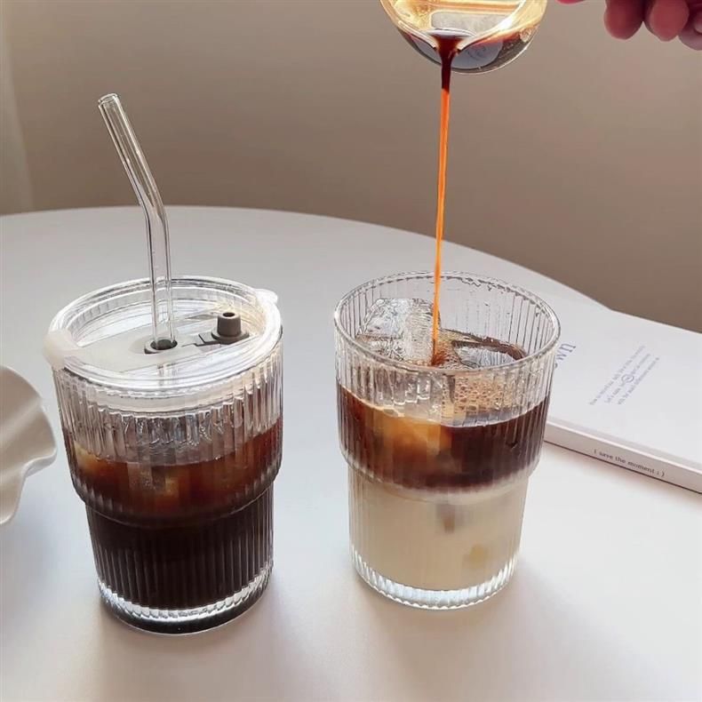 Striped Glass Coffee Cup With Lid & Straw - 12oz Reusable Drinking Glass For Hot/Cold Beverages (Iced Latte Milk Juice Dishwasher Safe)_voghion.com