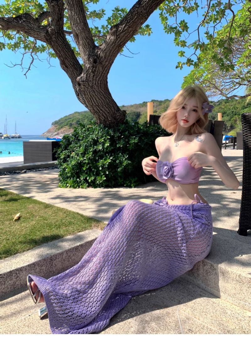 Maillot de bain à fleurs de curcuma de même style, jupe longue en tricot rose, vacances en bikini sexy, trempage dans les sources chaudes_voghion.com