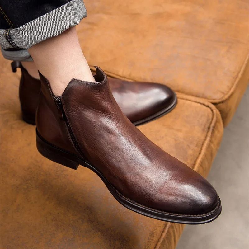 Herren Chelsea Boots High Top Lederstiefel Herren Spitzkopf Windstiefel Ein Pedal_voghion.com