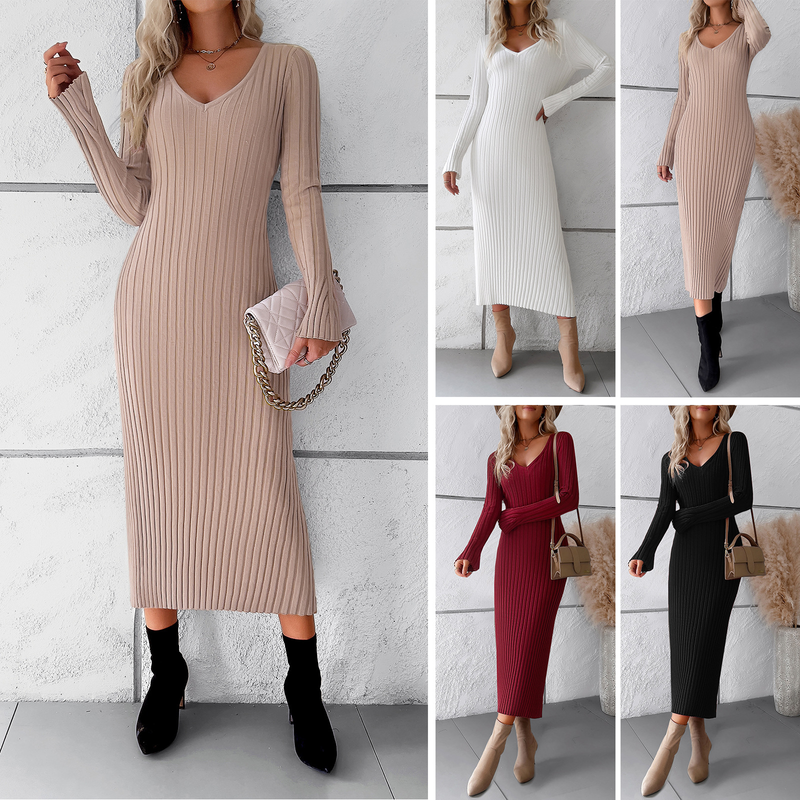 Diyun Damenmode 2023 Herbst Winter Elegantes Strickkleid mit V-Ausschnitt und langen Ärmeln_voghion.com