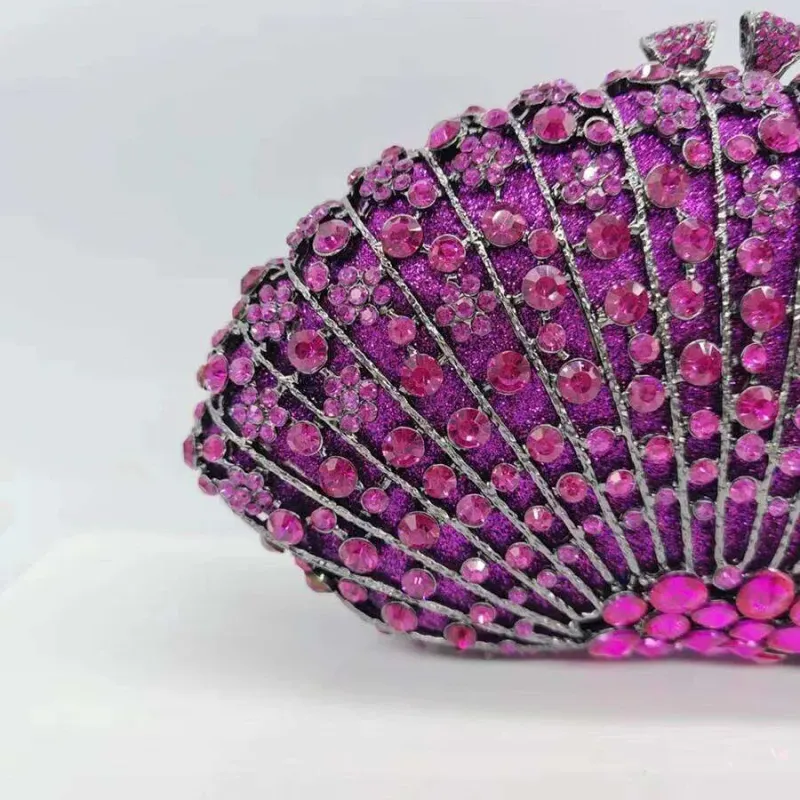 Designer Fan-Shaped Dia Dinner Hollowed-Out Metal Rhinestones Clutch Handbag For Women Wedding Party Chains Shoulder_voghion.com