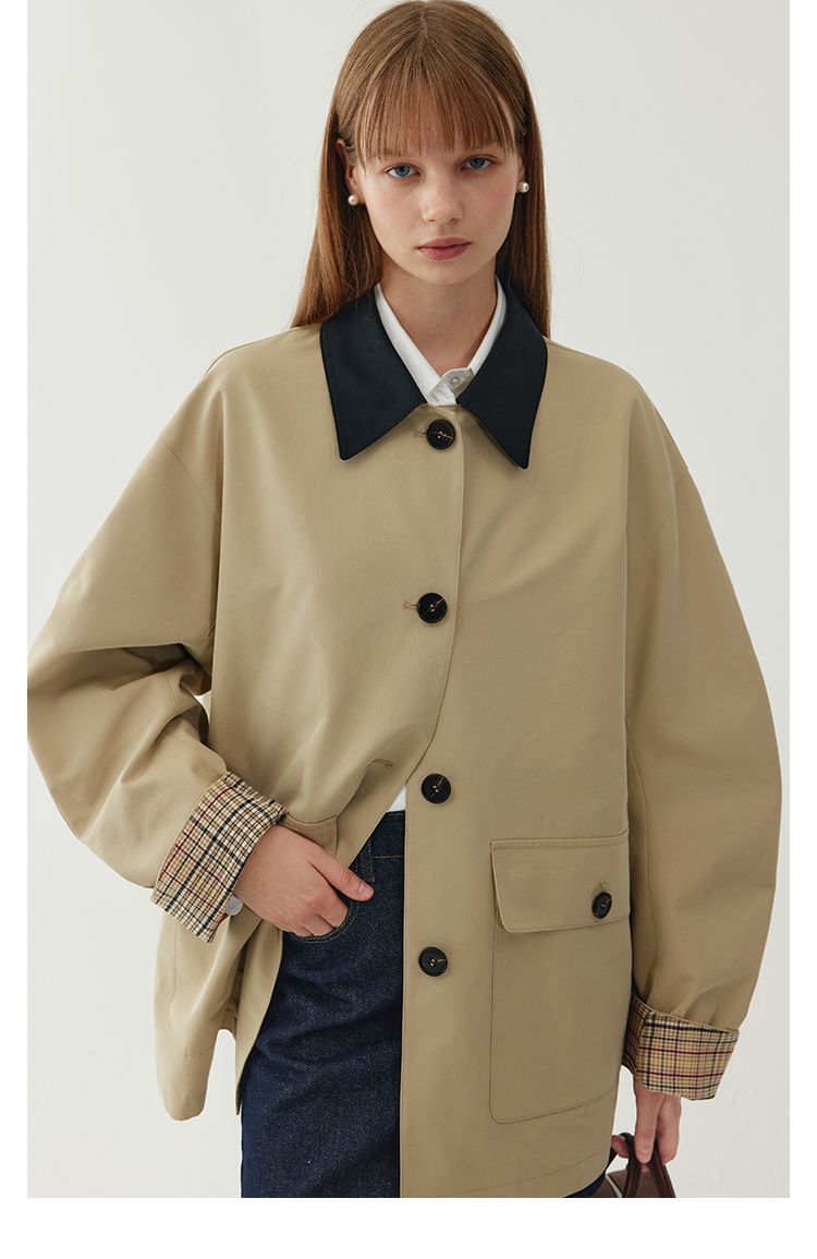 Style Short Trench For Women With Design Sense 2025 Autumn Turn-Down Collar Color-Block Oversized Coat_voghion.com