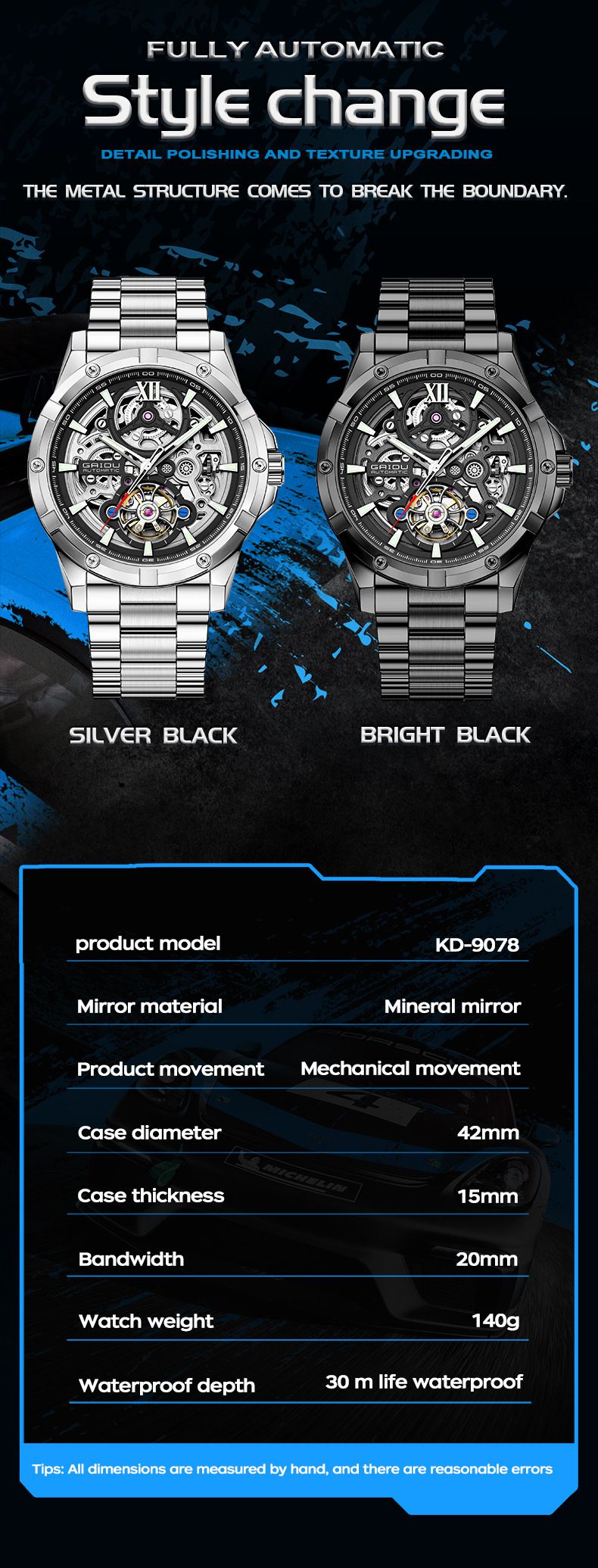 Orologio meccanico scheletrato automatico da uomo con lancette luminose, cinturino in acciaio inossidabile, quadrante rotondo da 42 mm, resistente all'acqua fino a 30 m, completamente automatico_voghion.com