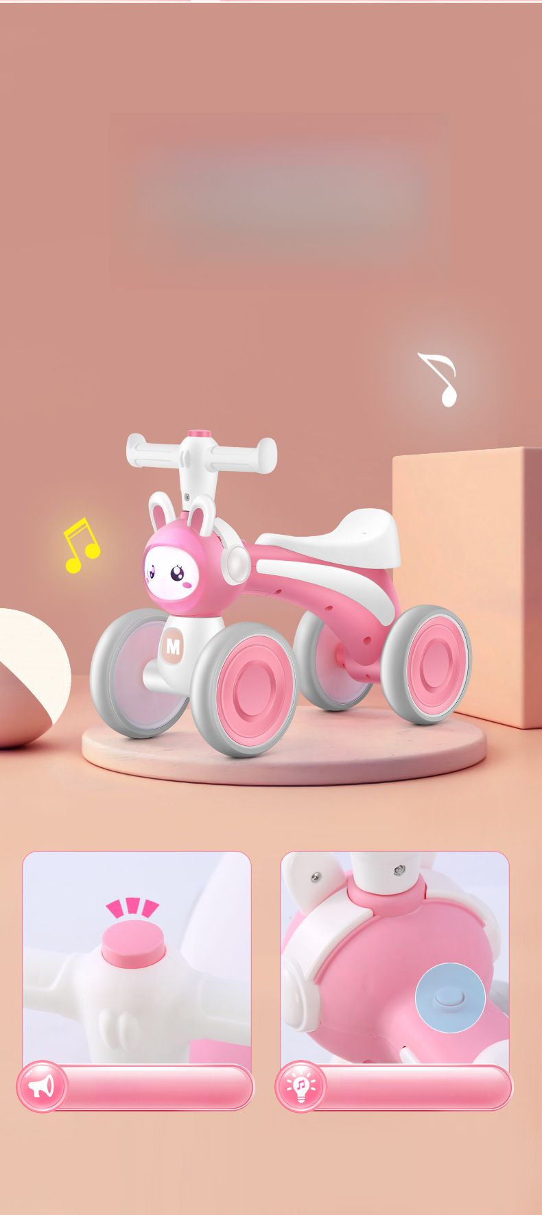 Monopattino senza pedali per bambini da 1 a 3 anni, a forma di coniglietto, con musica e luci, per imparare a camminare su quattro ruote_voghion.com