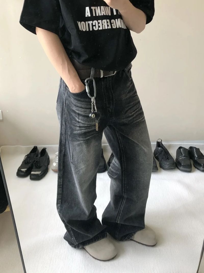 Schwarze, verwaschene American Vintage-Jeans für Herren – Lockere, weite Beinpassform, Used-Look mit Katzenschnurrhaaren, Cleanfit-Unisex-Stil_voghion.com