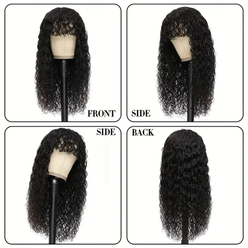 Water Wave Wig With Bangs Human Hair 100% Curly 180 Density Brazilian Machine Made Wigs_voghion.com