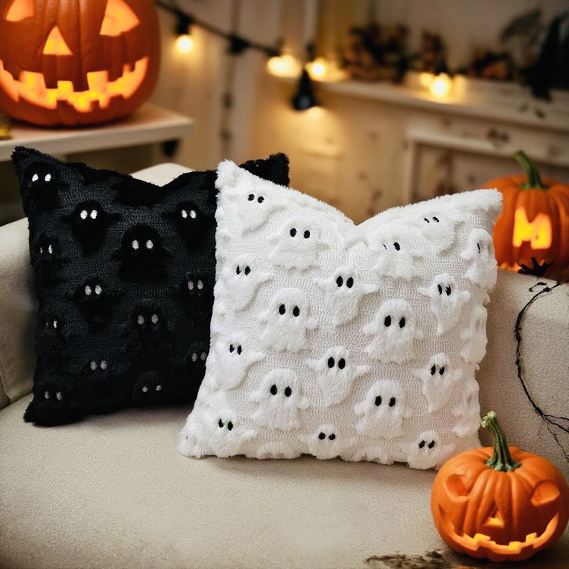 Halloween Plush Embroidery Black And White Decorative Cushion 2025 Fall/Winter New_voghion.com