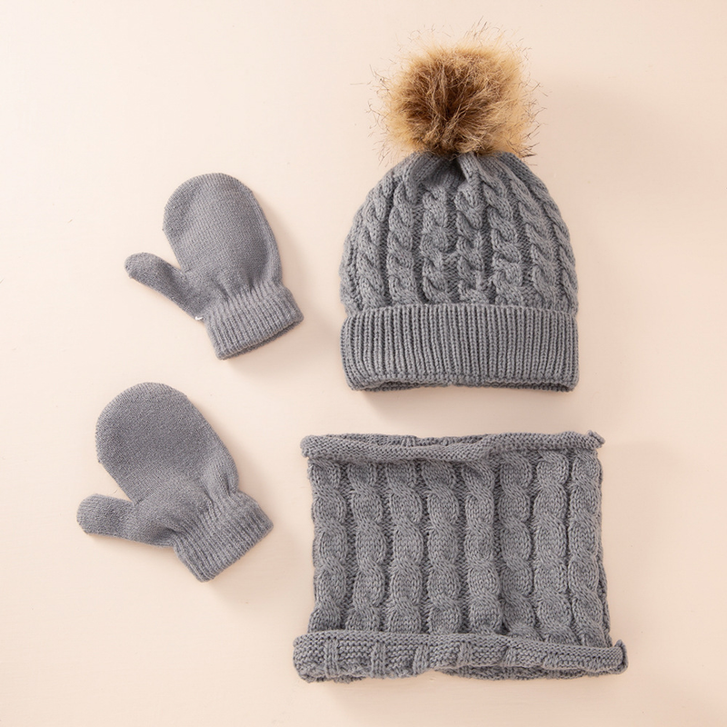 Baby clothing wool monochrome twist warm children's hat scarf gloves two or three sets_voghion.com
