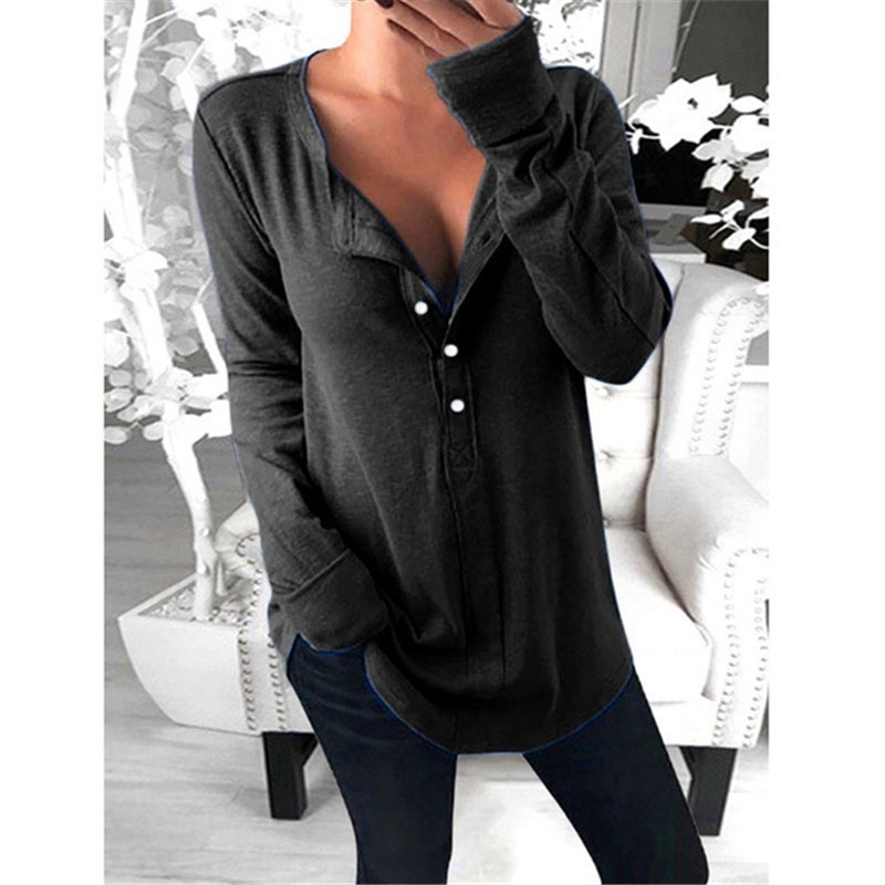 T-shirt moda donna a maniche lunghe con scollo a V e bottoni in tinta unita_voghion.com