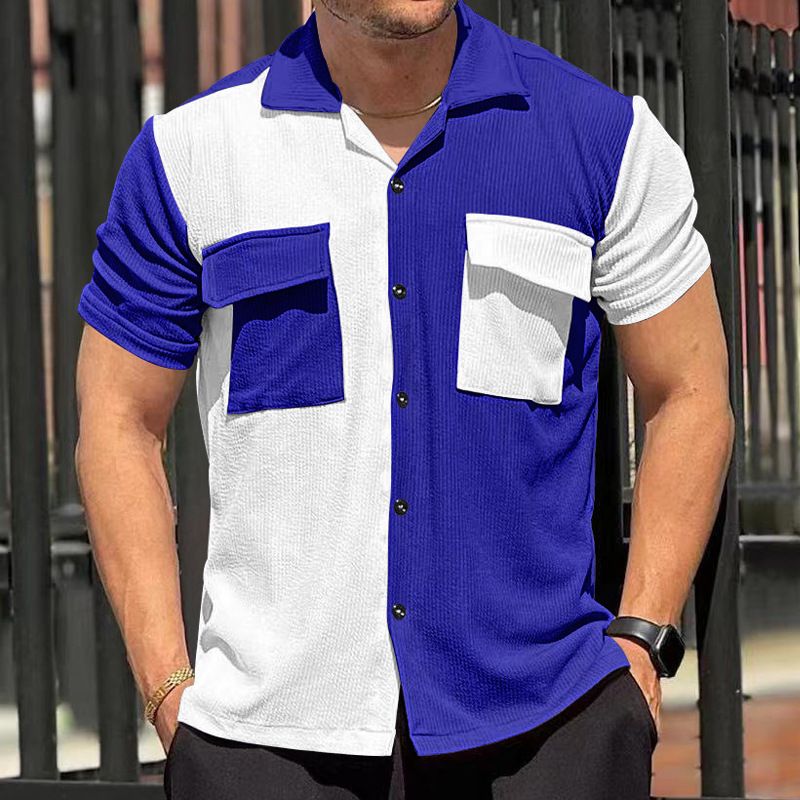 2024 Sommer Neue Herren Farbblock Ärmel Atmungsaktiv Freizeit Strand Hemd Kurze Taste Strickjacke_voghion.com
