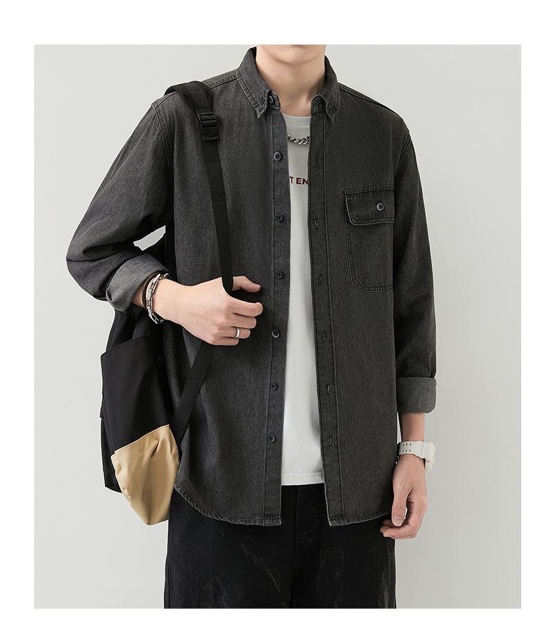 Abbigliamento da uomo, camicia a maniche lunghe in denim sottile da uomo, giacca da lavoro casual da uomo, primavera e autunno, tinta unita_voghion.com
