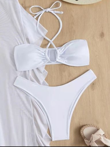 Bikini da donna sexy con copricostume e pantaloni in rete trasparente - Completo mare 3 pezzi nero/bianco (S/M/L)_voghion.com