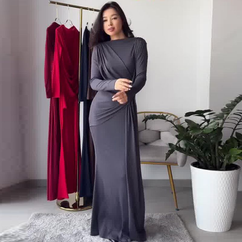 Women's Clothing Sexy Fashion Round Neck Pleated Waist Slim Fit Solid Color Temperament Dress_voghion.com