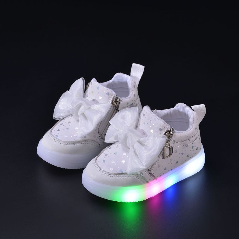 Spring Autumn New Girl Princess LED Lighting Small And Medium Sized Girls' Leisure Bow Sports Soft Soled Shoes_voghion.com