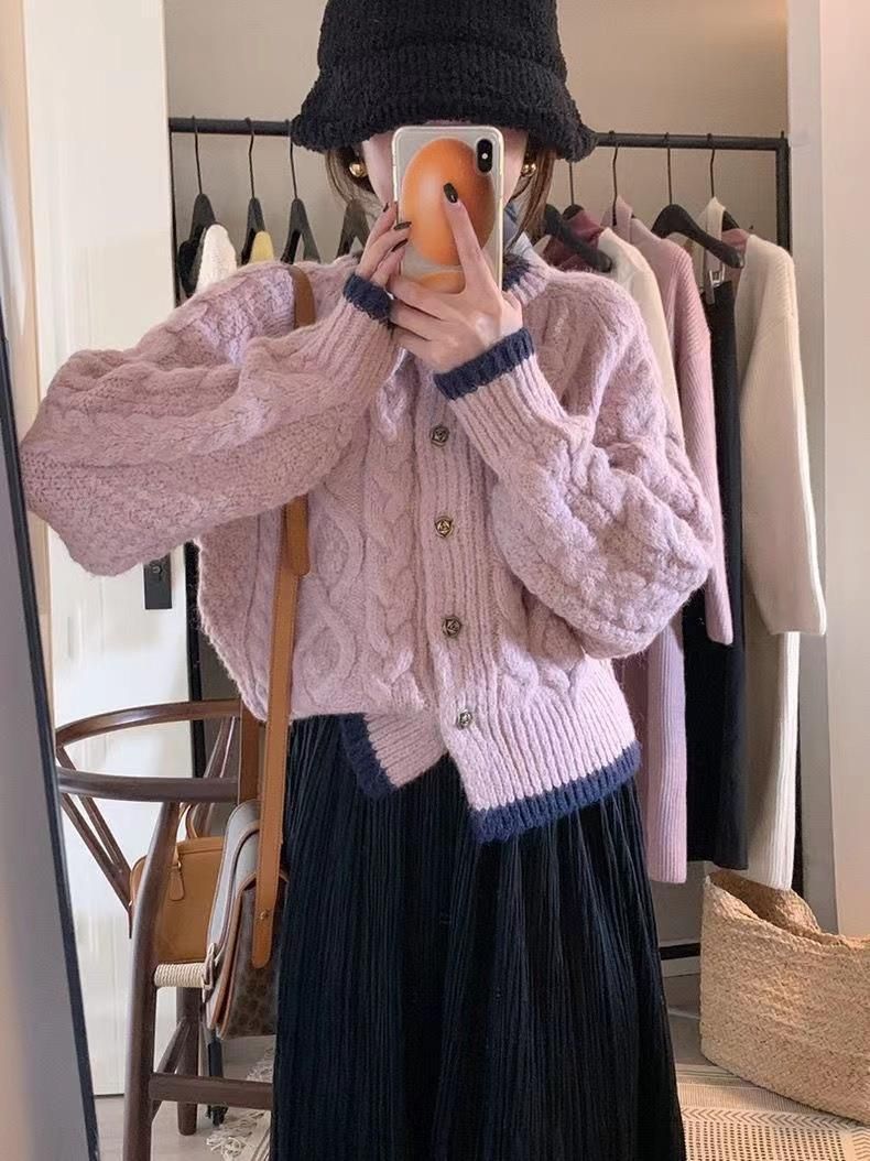 Vintage-Strickjacke für Damen, weicher Häkelpullover mit Farbblock-Design, lässiger Rundhalsausschnitt, lange Ärmel, offene Vorderseite_voghion.com