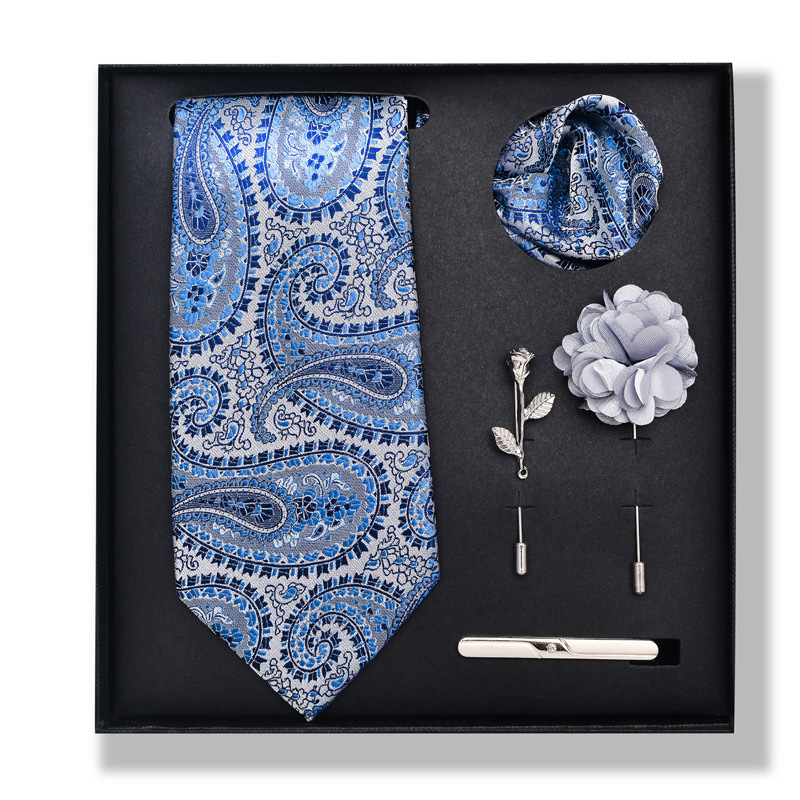 Set da uomo alla moda in tinta unita a righe con anacardi, confezione regalo da 6 pezzi, set con corsetto con fermacravatta e sciarpa quadrata_voghion.com