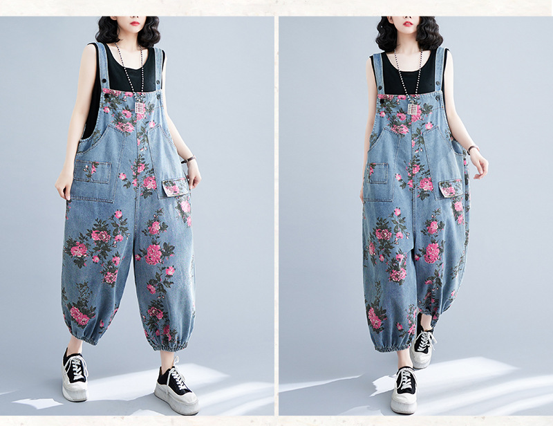 Women's printed denim overalls large size fat mm stylish suspenders leggings jumpsuit_voghion.com