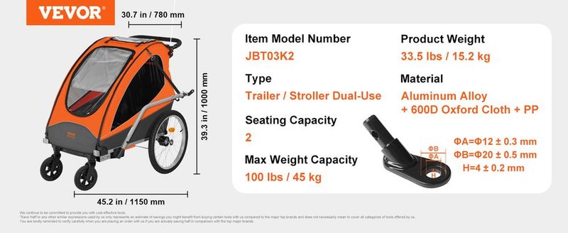 VEVOR Bike Trailer For Toddlers, Kids, Double Seat, 100 Lbs Load, 2-In-1 Canopy Carrier Converts To Stroller, Tow Behind Foldable Child Bicycle Trailer With Universal Bicycle Coupler, Orange And Gray_voghion.com