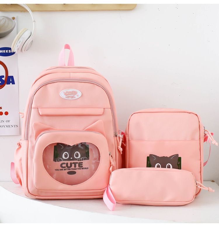 Set di zaini in nylon leggero per studenti delle scuole superiori - Spazioso zaino scolastico da 3 pezzi con spallacci ergonomici, stampa di un simpatico gatto_voghion.com