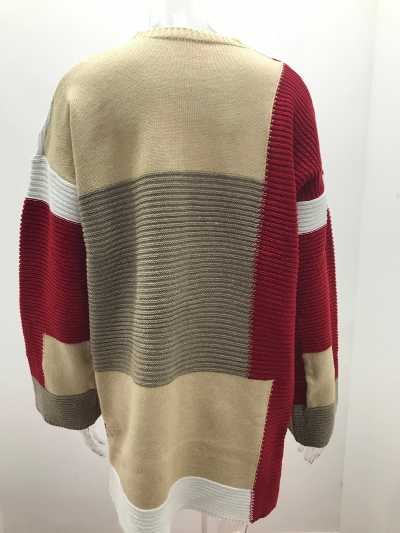 Women's large size loose geometric color matching sweater cardigan_voghion.com
