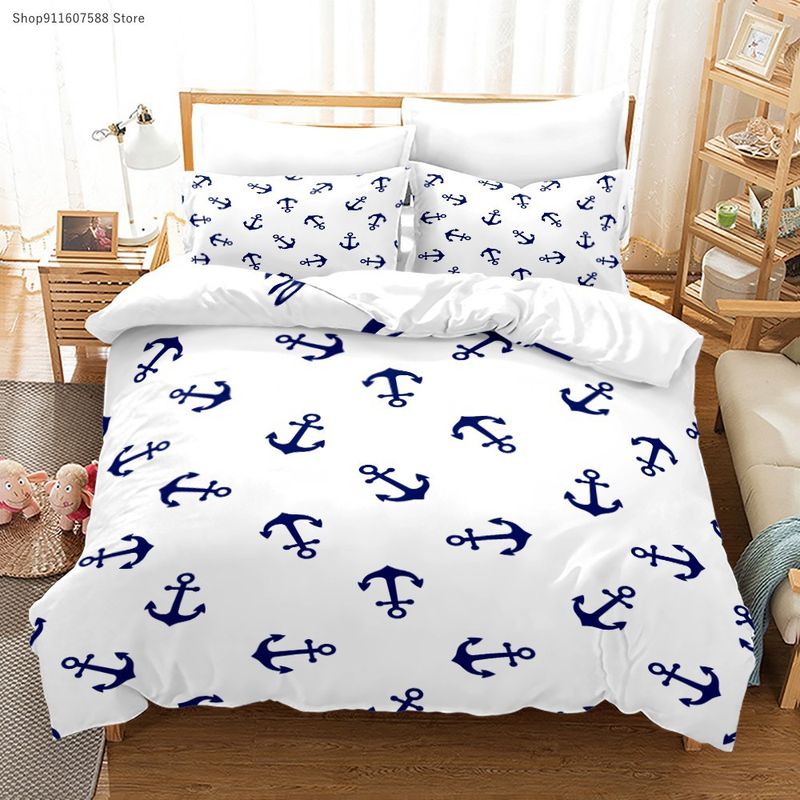 Anker und weiße Streifen 3D gedruckt Marineblau Quilt dreiteiliges Bettwäsche-Set individuell_voghion.com