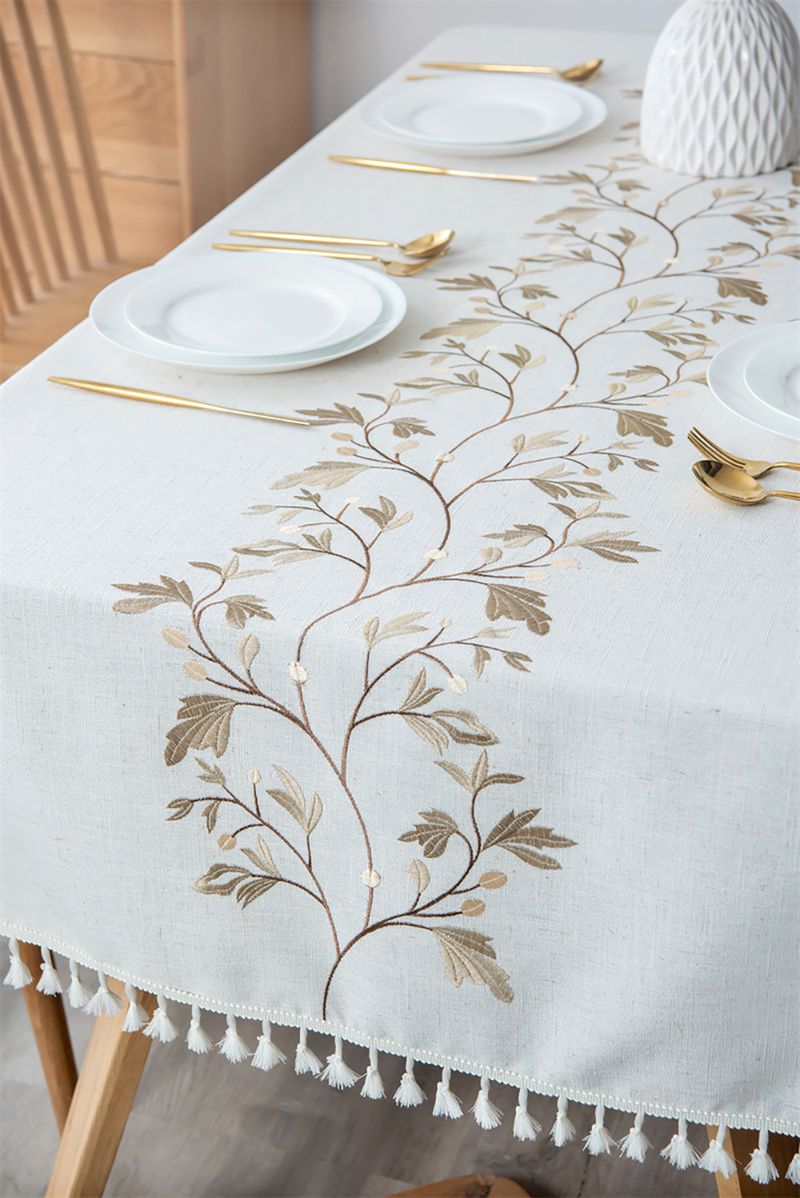 Nappes de broderie rustiques en coton et lin, motif feuilles de café, rectangulaires, imperméables, pour cuisine, salon_voghion.com