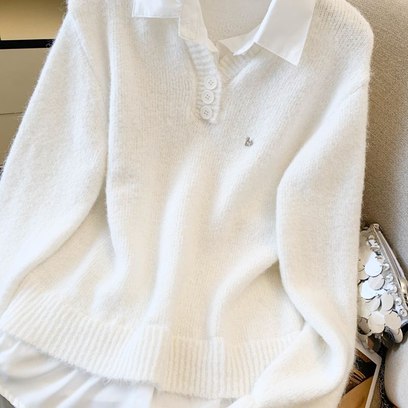 Abbigliamento da donna in stile coreano, camicia a strati e top in maglia, outfit autunnale da donna - grigio, bianco e blu_voghion.com