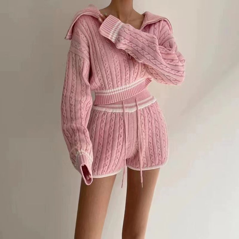 Conjunto de suéter y pantalones cortos de punto para mujer, jersey grueso con cremallera, conjunto informal de dos piezas para invierno y otoño_voghion.com