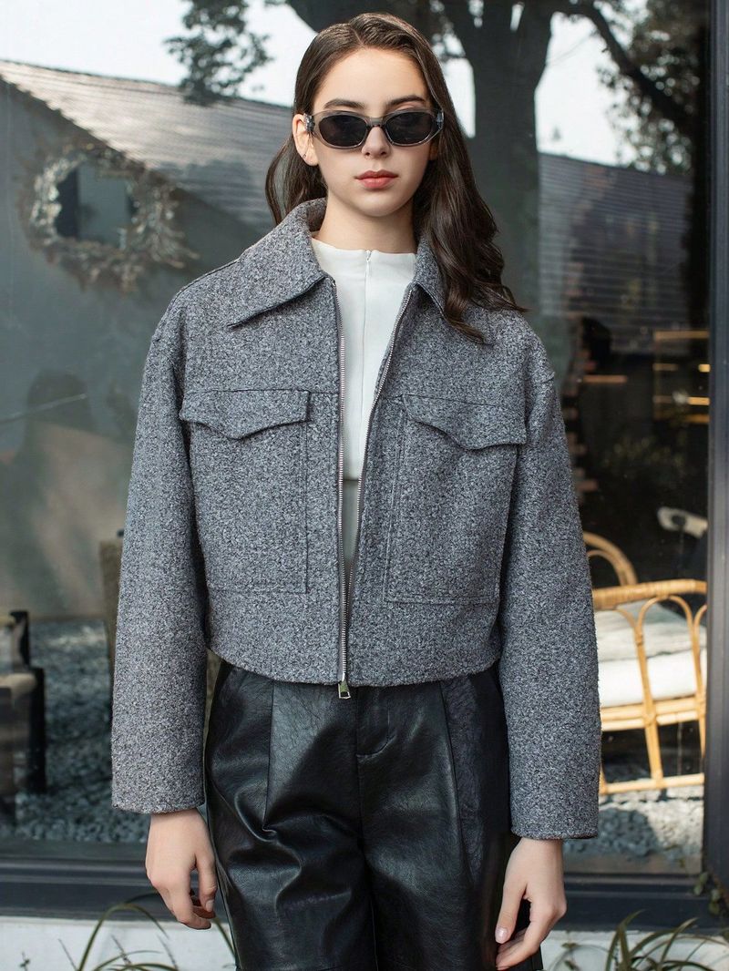 Women’s Cropped Faux Suede Jacket – Oversized Streetwear Coat With Stand Collar, Slim-Fit Stretch Polyester For Casual Layering_voghion.com