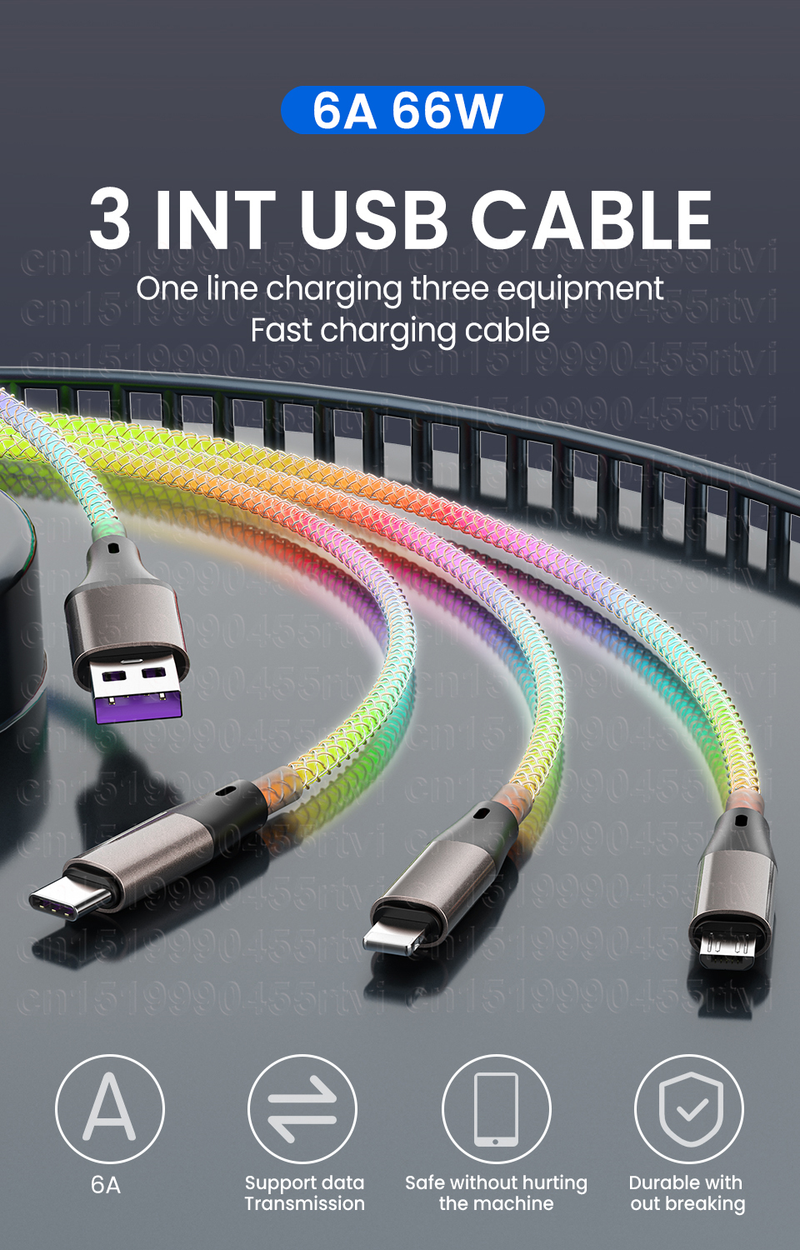 Câble de chargement rapide USB lumineux 3 en 1 2 en 1 6A, câble de chargement Micro USB type-c à 8 broches pour Huawei et iPh_voghion.com