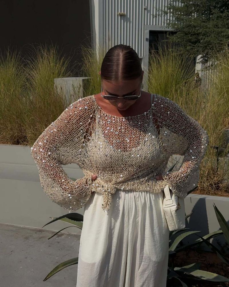 Haut sexy à manches longues en résille pailletée pour femme, chemisier ample en dentelle crochetée, tenue de soirée rétro Y2K, tenue bohème chic printemps-été_voghion.com
