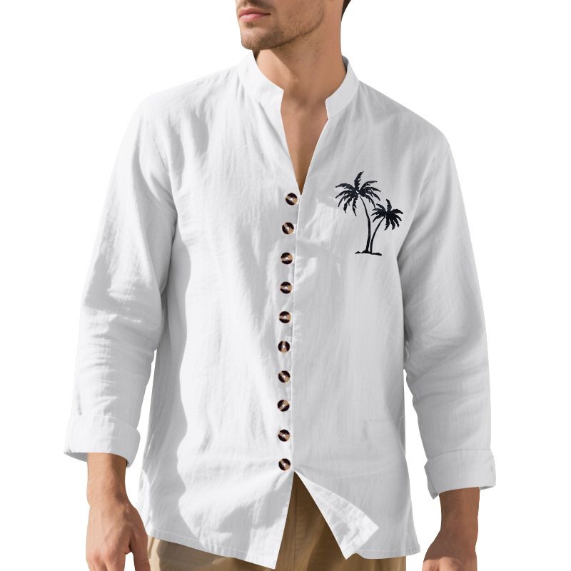 Camicia da uomo casual con colletto alto e maniche lunghe con bottoni, stampata con albero di cocco autunnale_voghion.com