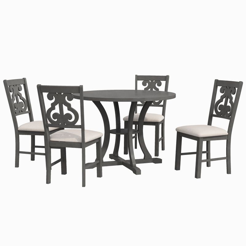 5-Piece Round Dining Table and 4 Fabric Chairs with Special-shaped Table Legs and Storage Shelf_voghion.com