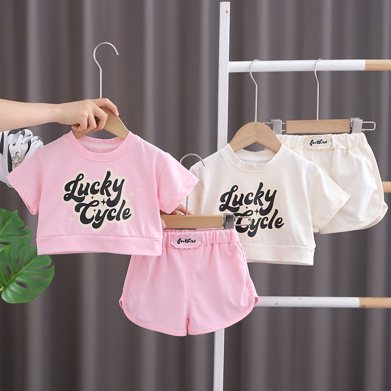 Sommer Neue Mädchen Casual Einfarbig Rundhals Baumwolle Kurzarm Baby Sport Shorts Zwei Stück Set Net Rot_voghion.com