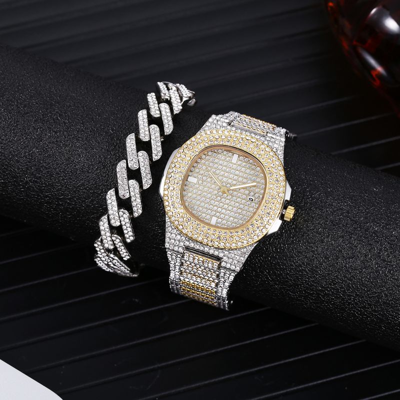 2pcs/set watch bracelet set hip hop style large dial diamond steel watch + full diamond bracelet_voghion.com